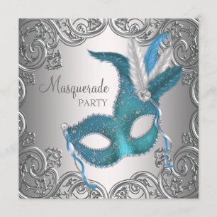 Invitation Fête de masquerade élégante sarcelle bleue argenté