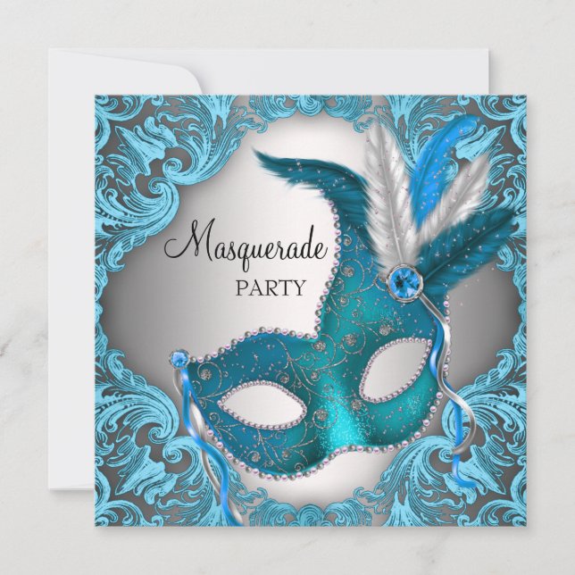 Invitation Fête de masquerade élégante sarcelle bleue argenté (Devant)