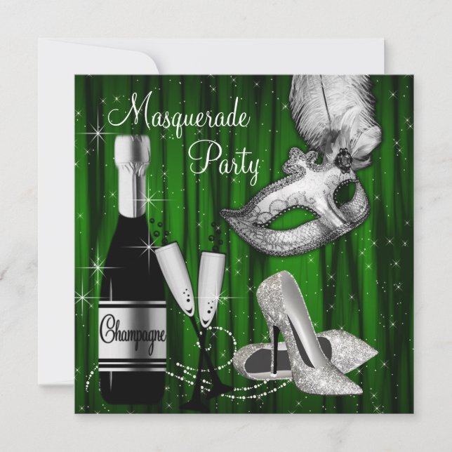 Invitation Fête de masquerade élégante verte et noire (Devant)