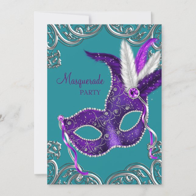 Invitation Fête de masquerade élégante violette et turquoise (Devant)