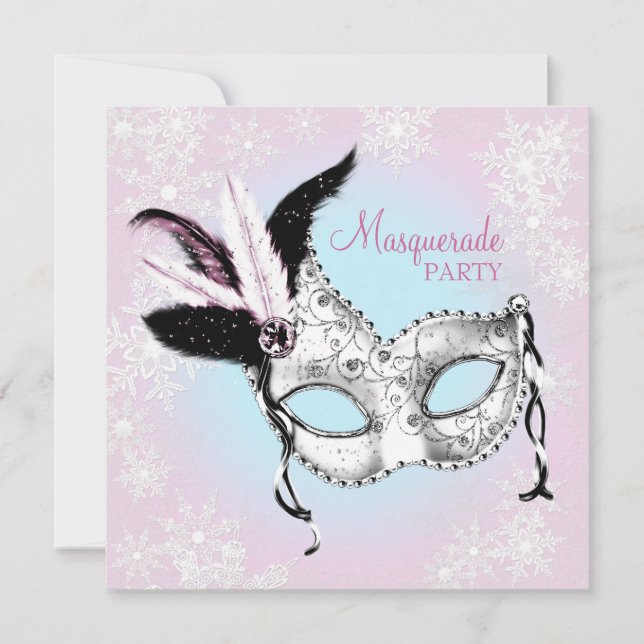 Invitation Fête de masquerade flocon de neige rose bleu sarce (Devant)
