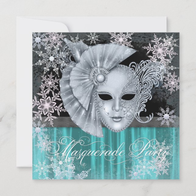 Invitation Fête de masquerade hivernale bleu sarcelle (Devant)