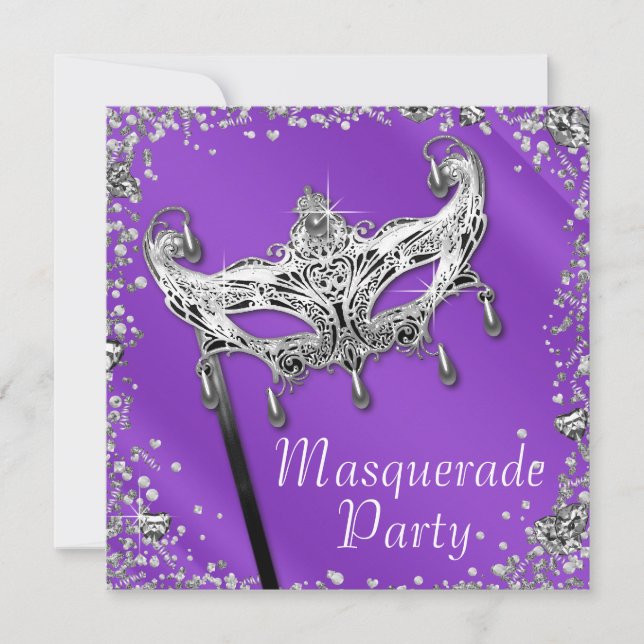Invitation Fête de masquerade lavande violet confettis argent (Devant)