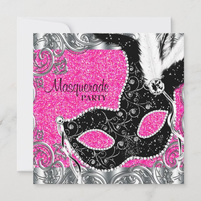 Invitation Fête de masquerade Masque Rose Argent et Noir (Devant)
