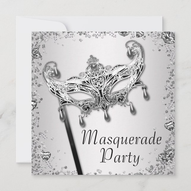 Invitation Fête de masquerade noire et blanche aux confettis  (Devant)