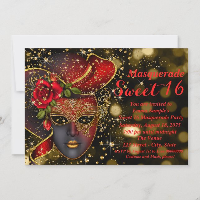 Invitation Fête de masquerade pailletée rouge et or (Devant)