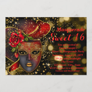 Invitation Fête de masquerade pailletée rouge et or