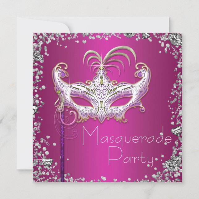 Invitation Fête de masquerade rose chaud élégant avec confett (Devant)