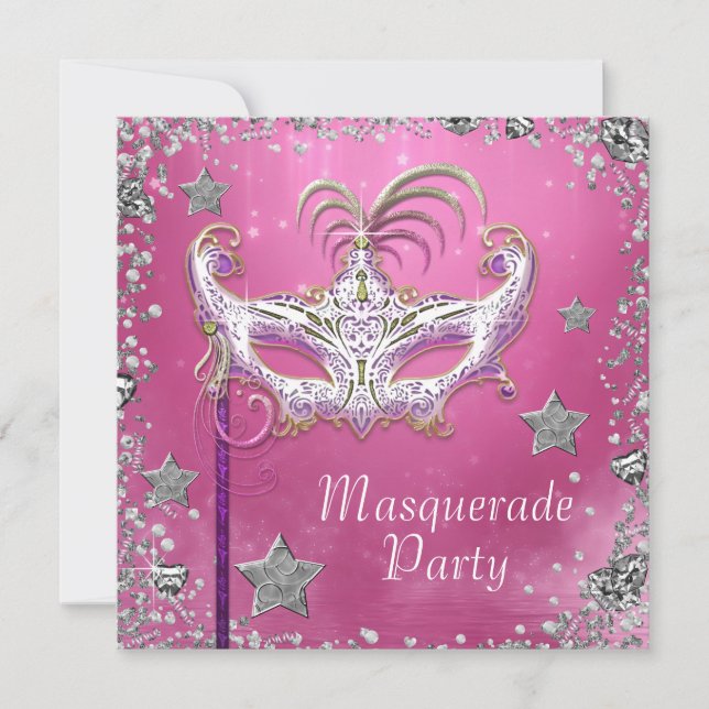 Invitation Fête de masquerade rose confettis argentés noirs (Devant)