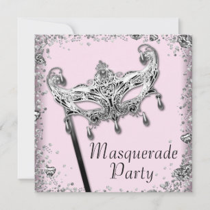 Invitation Fête de masquerade rose confettis argentés noirs