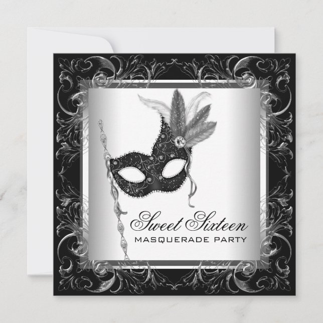 Invitation Fête de Masquerade Silver Black White Sweet 16 (Devant)
