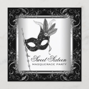 Invitation Fête de Masquerade Silver Black White Sweet 16