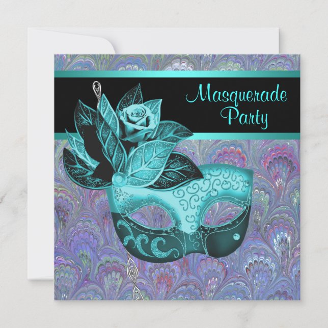 Invitation Fête de masquerade turquoise bleu violet à motifs  (Devant)