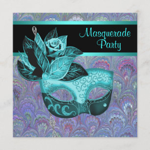 Invitation Fête de masquerade turquoise bleu violet à motifs