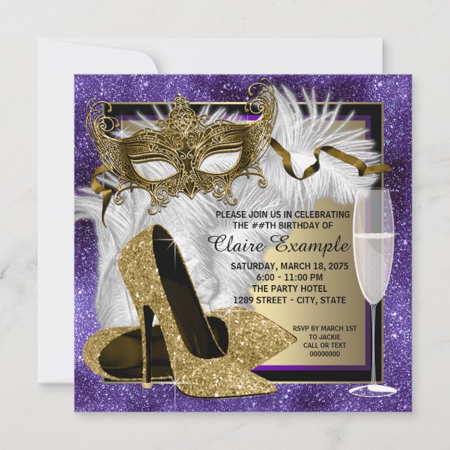 Invitation Fête de masquerade violette et dorée pour femme (Devant)