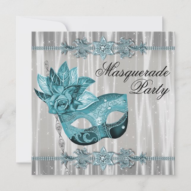 Invitation Fête de masques élégante blanche et bleue sarcelle (Devant)