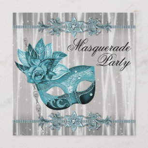 Invitation Fête de masques élégante blanche et bleue sarcelle