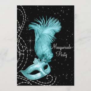 Invitation Fête de masques élégante noire et bleu sarcelle