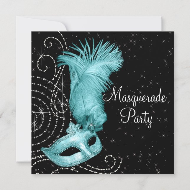 Invitation Fête de masques élégante noire et bleu sarcelle (Devant)
