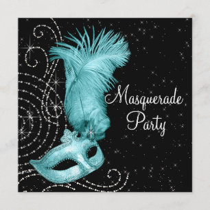 Invitation Fête de masques élégante noire et bleu sarcelle