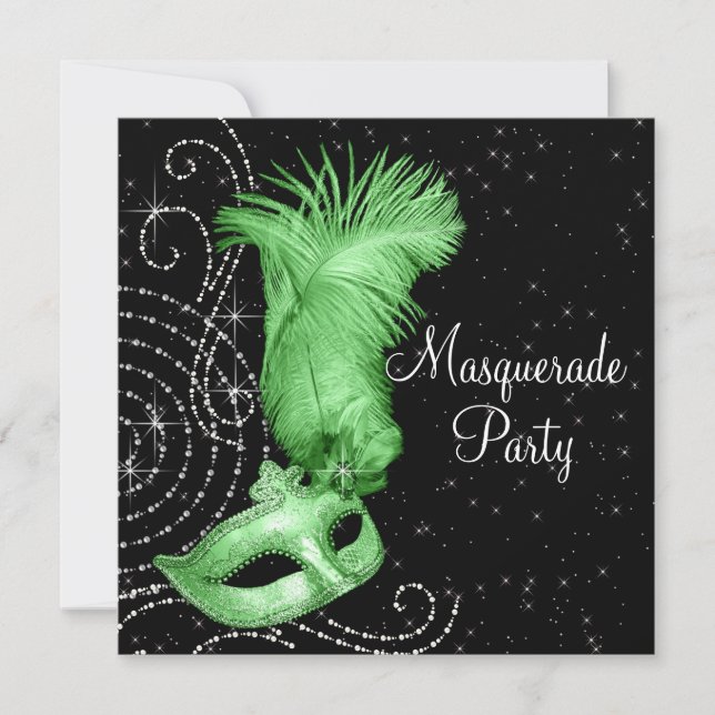 Invitation Fête de masques élégante noire et vert citron (Devant)