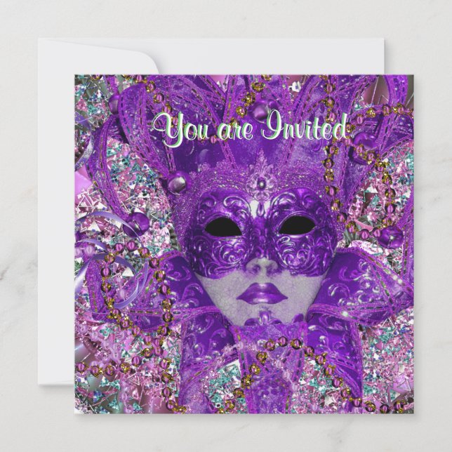 Invitation Fête de masques verte et violette (Devant)