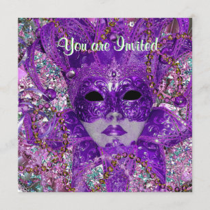 Invitation Fête de masques verte et violette