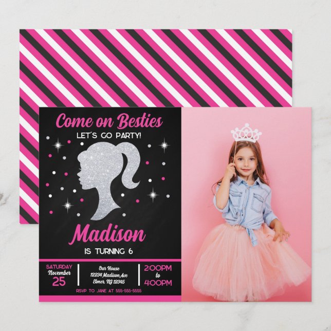 Invitation Fête de mode des meilleures copines avec poupée Ph (Devant / Derrière)