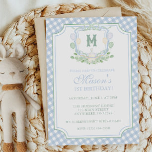 Invitation Fête de monogramme de crête de bleu d'aquarelle 1e
