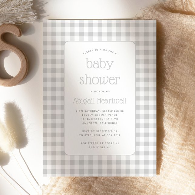 Invitation Fête de naissance à carreaux Gingham gris (Créateur téléchargé)