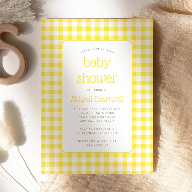 Invitation Fête de Naissance à Carreaux Gingham Jaune Bouton  (Créateur téléchargé)