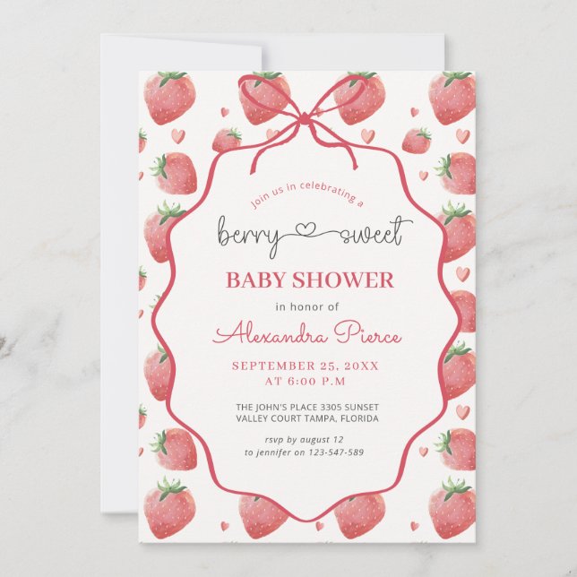 Invitation Fête de naissance à l'aquarelle Rose Fraise (Devant)