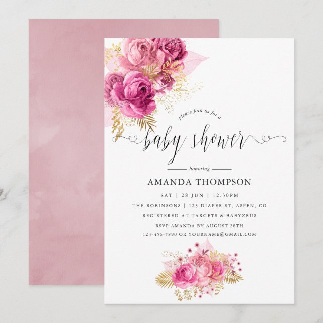 Invitation Fête de naissance à l'aquarelle Roses Roses et Or (Devant / Derrière)