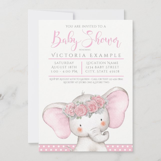 Invitation Fête de naissance adorable éléphant bébé fille ros (Devant)