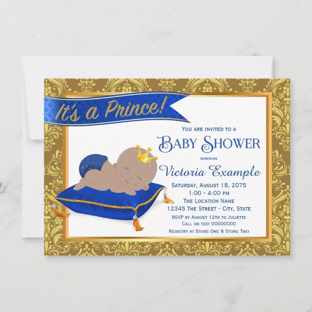 Invitation Fête de naissance adorable prince ethnique bleu or (Devant)