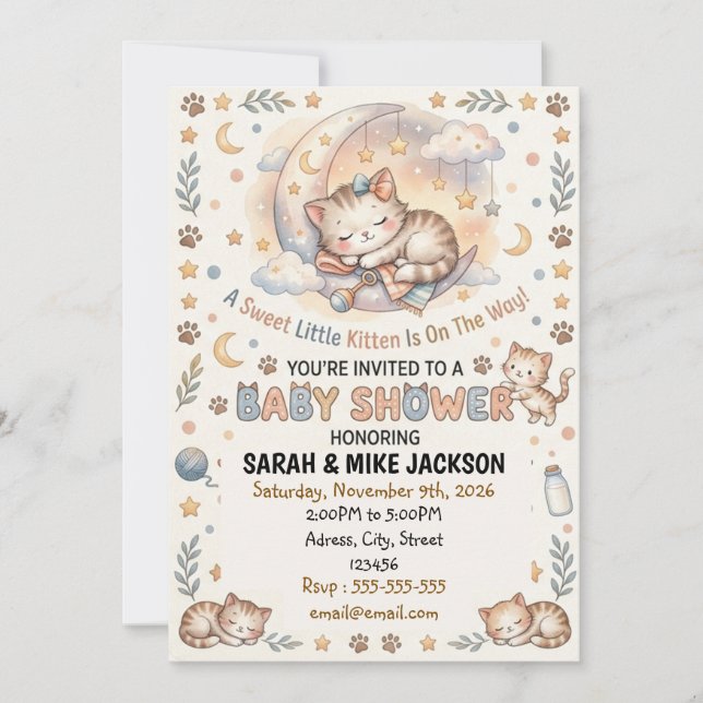 Invitation Fête de Naissance Adorable sur le Thème du Chat à  (Devant)