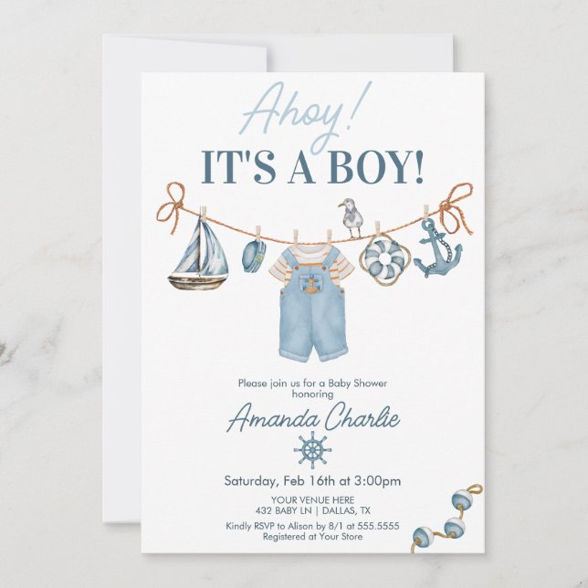Invitation Fête de naissance Ahoy C'est un garçon (Devant)
