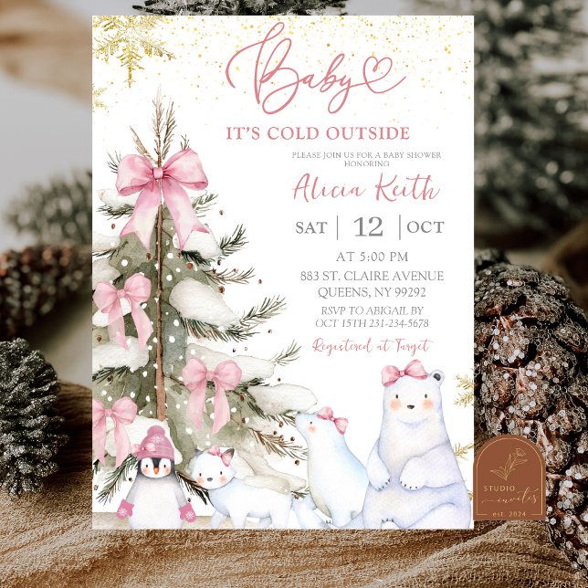 Invitation Fête de naissance Animaux arctiques Hiver Rose Nei (Créateur téléchargé)
