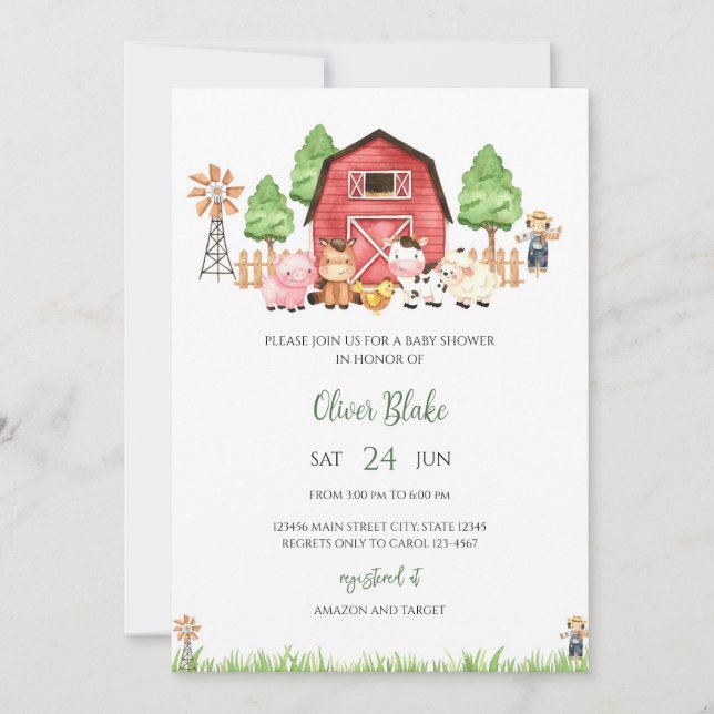 Invitation Fête de Naissance Animaux de la Ferme de la Cour (Devant)
