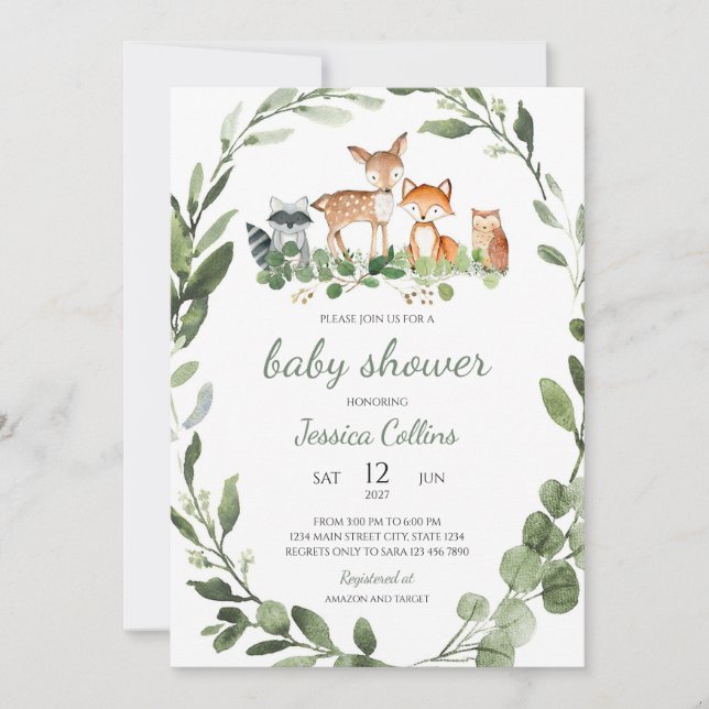 Invitation Fête de Naissance Animaux de la Forêt de Bois (Devant)