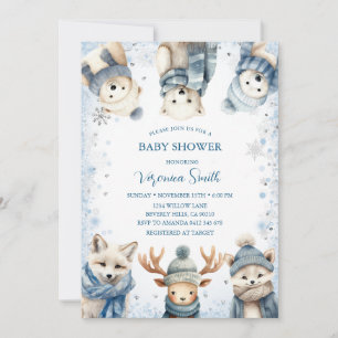 Invitation Fête de naissance Animaux de la forêt enneigée en