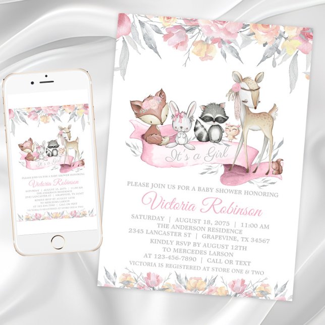 Invitation Fête de naissance animaux de la forêt fille (Girls sweet woodland baby shower invitation. Instant download and printed invitations available.)