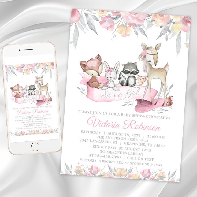 Invitation Fête de naissance animaux de la forêt fille (Girl sweet woodland baby shower invitations. Instant download and printed invitations available.)