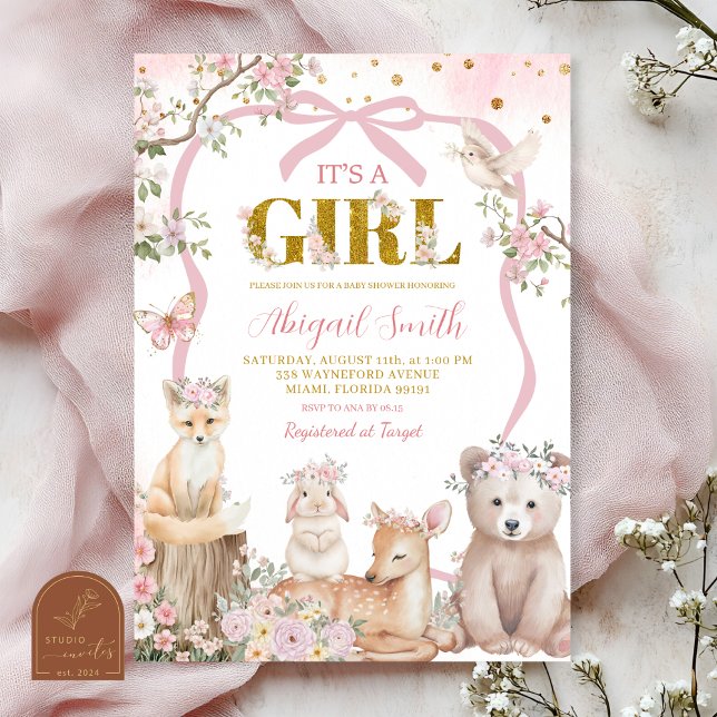 Invitation Fête de naissance animaux de la forêt ruban rose c (Créateur téléchargé)