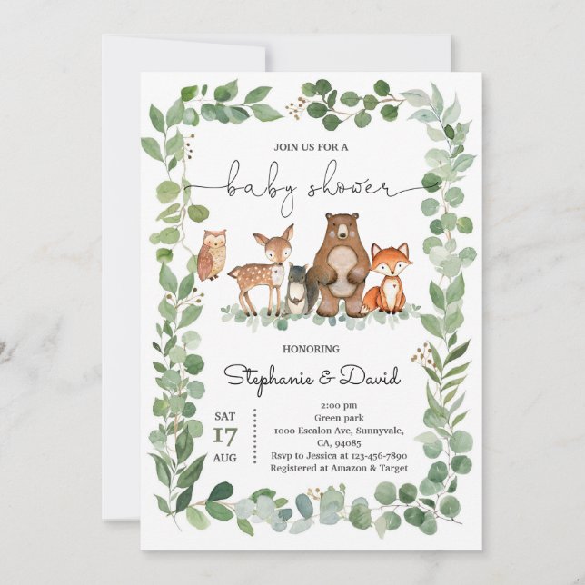 Invitation Fête de Naissance Animaux de la Forêt Verdure (Devant)