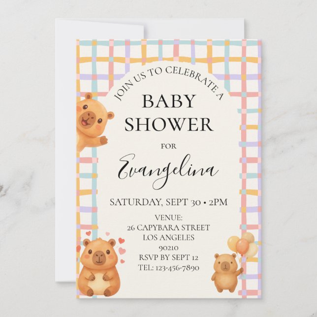 Invitation Fête de naissance aquarelle adorable capybara (Devant)