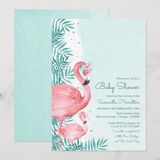 Invitation Fête de naissance aquarelle flamant rose et feuill (Devant / Derrière)