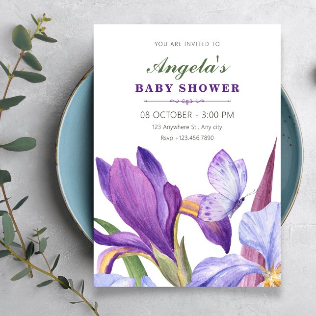 Invitation Fête de naissance aquarelle floraison florale iris (Créateur téléchargé)