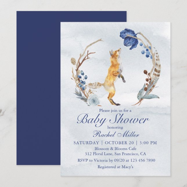 Invitation Fête de naissance aquarelle Renard des Bois (Devant / Derrière)