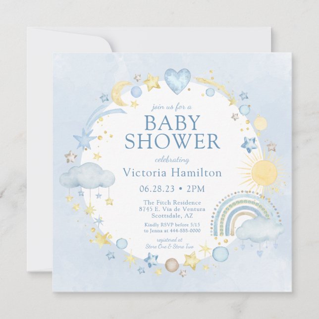 Invitation Fête de naissance arc-en-ciel aquarelle garçon (Devant)